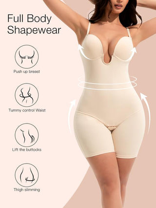 Slimers Low Back Plunge Shapewear Bodysuit for Women - Built-In Bra Full Body Shaper, Seamless Design, Adjustable, Breathable, Breathable, Nylon